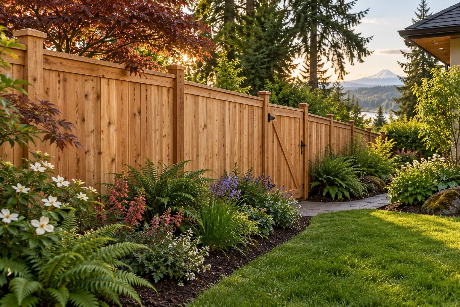 Design inspiration: cedar privacy fence and gate beside a Northwest garden