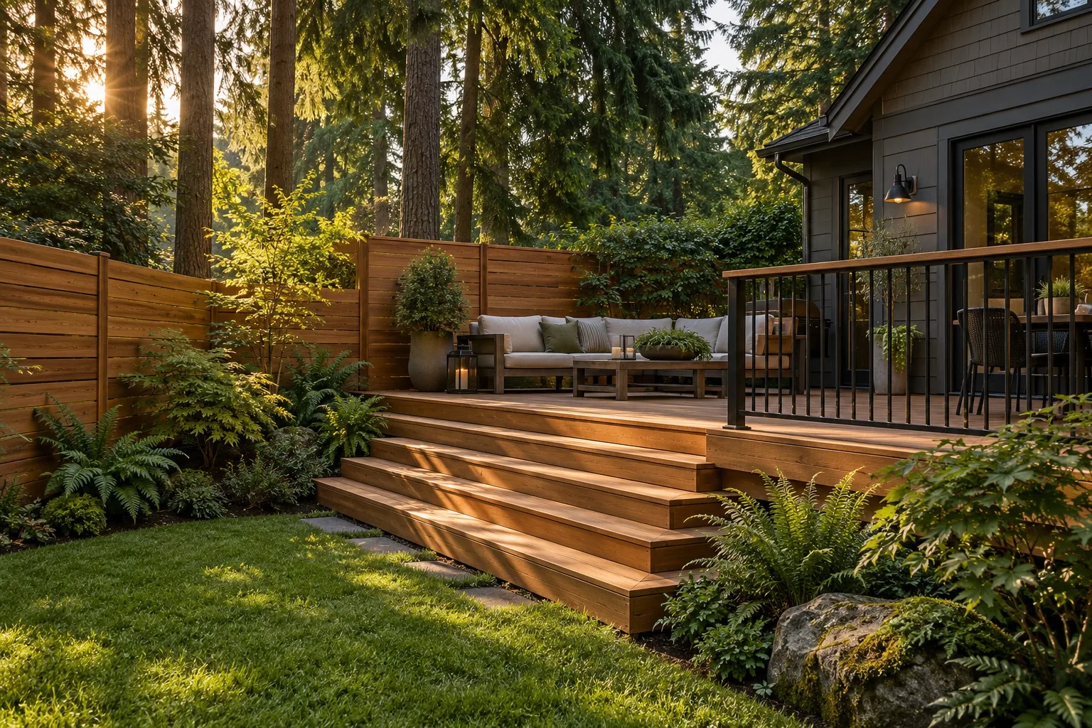 Design inspiration: cedar deck and privacy fence in a tree-lined backyard