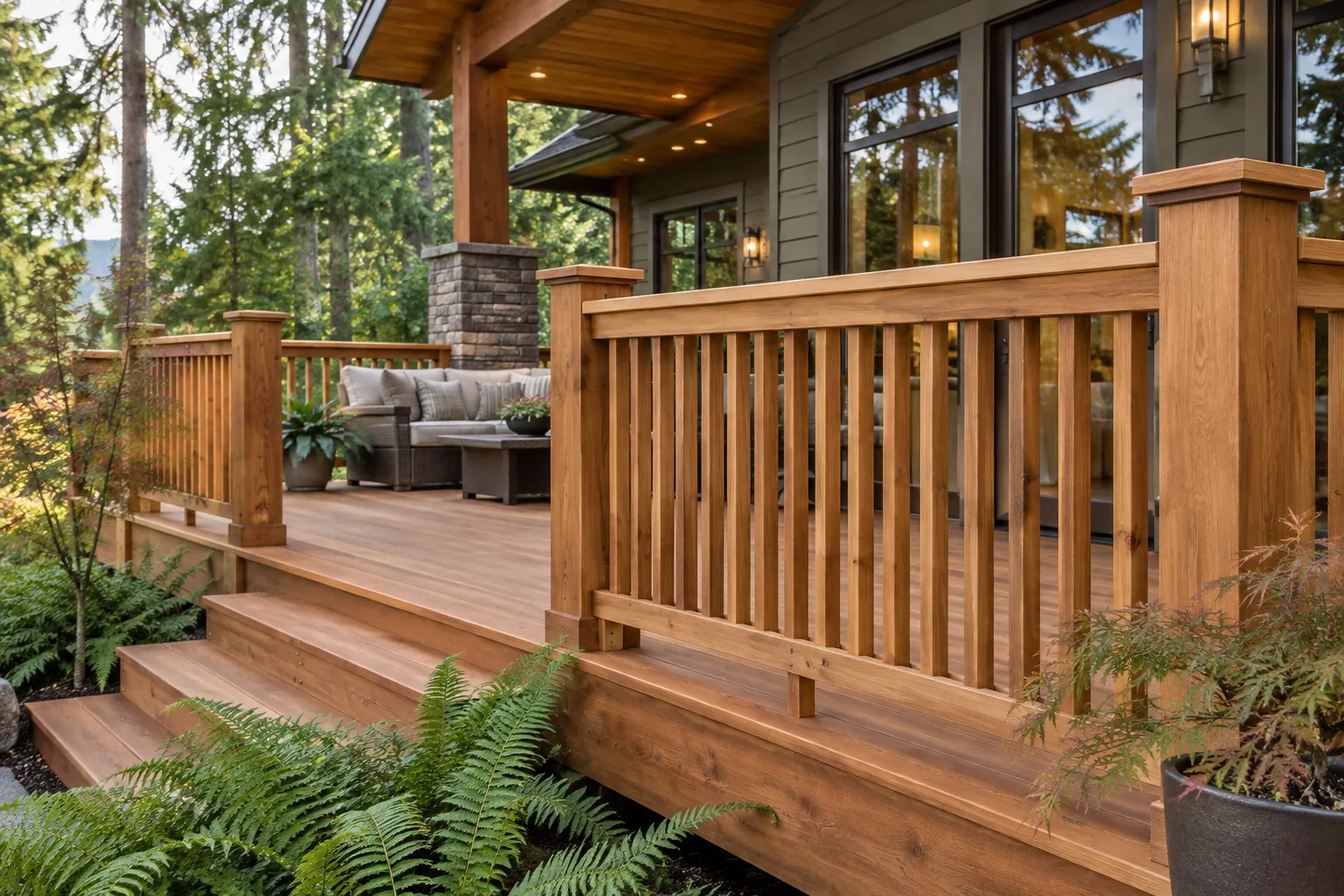 AI-generated cedar picket railing design inspiration showing material and layout
