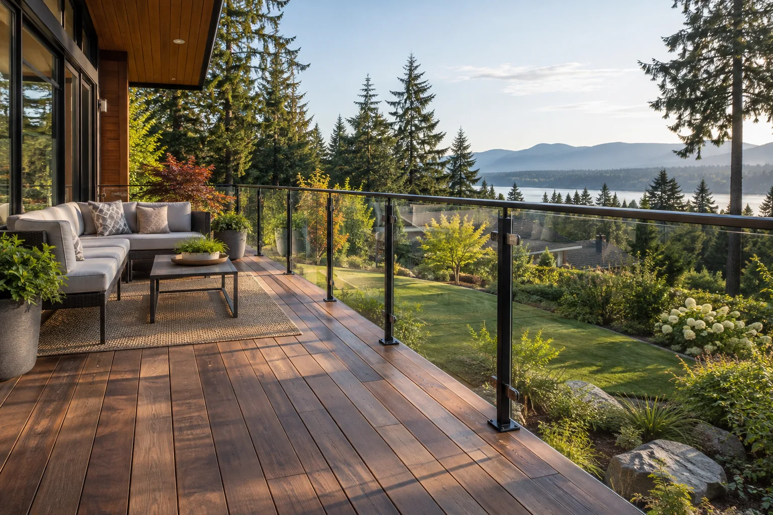 AI-generated glass deck railing design inspiration showing material and layout