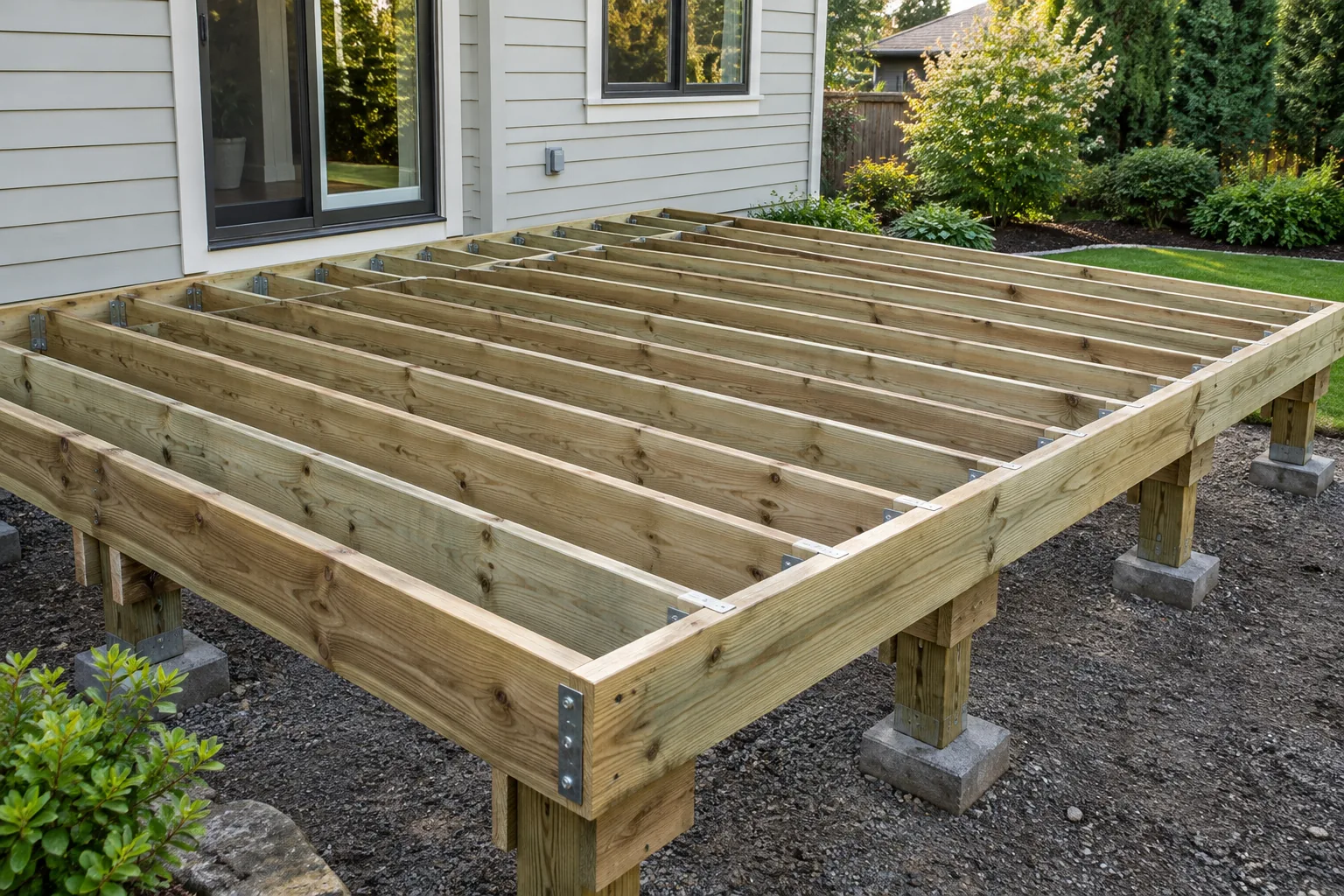 AI-generated wood deck framing design inspiration showing material and layout