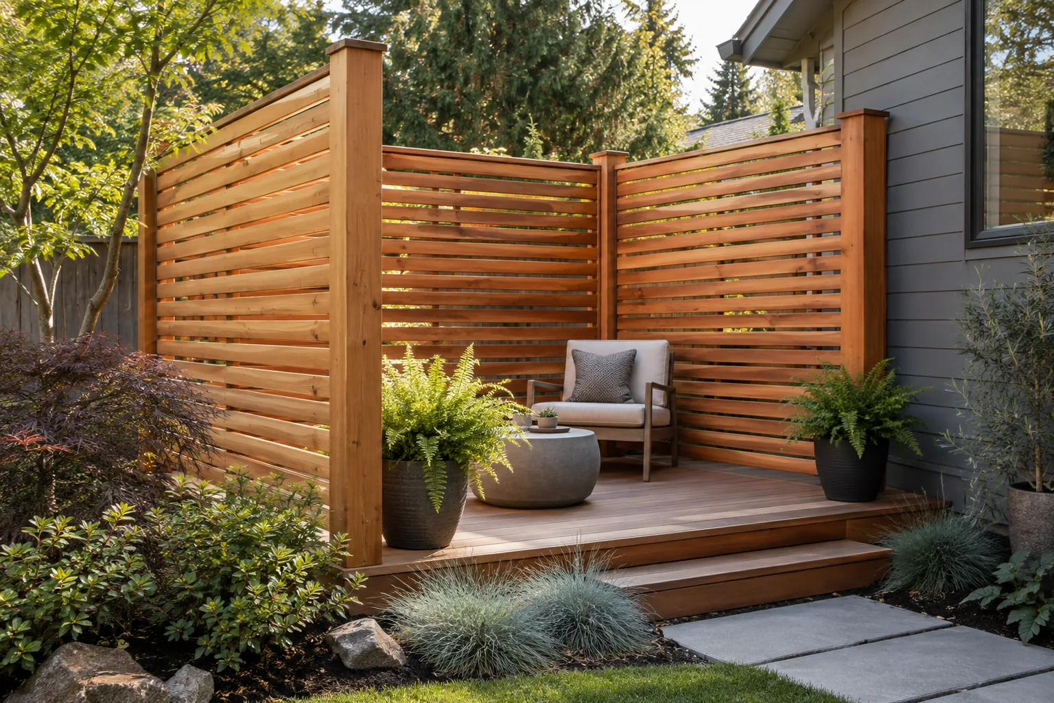 AI-generated wood privacy screens design inspiration showing material and layout